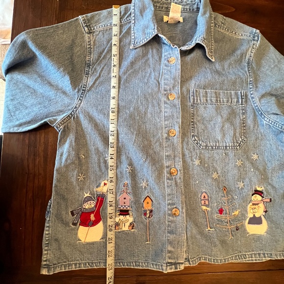 Vintage Christopher & Banks Embroidered Denim Snowman Button-up Shirt, Size Med - Picture 10 of 14
